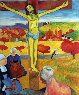 Gauguin's Yellow Christ painting showing crucifixion with praying figures in colorful landscape