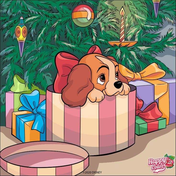 Cartoon puppy in striped gift box with Christmas presents and pine branches