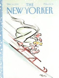 New Yorker magazine cover illustration of a figure skiing downhill with snowflakes in the background