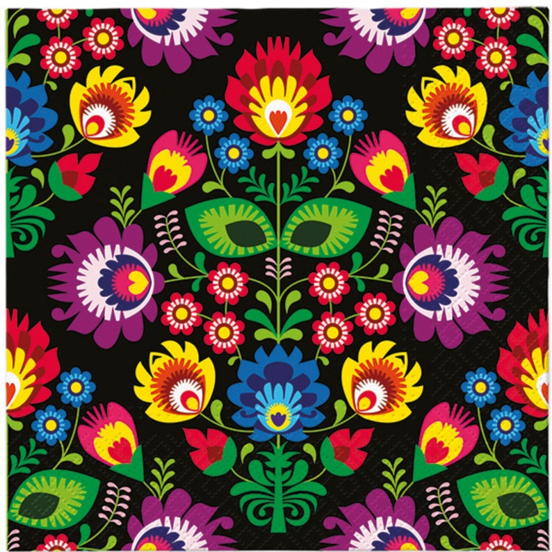 Symmetrical folk art pattern with bright flowers and leaves on black