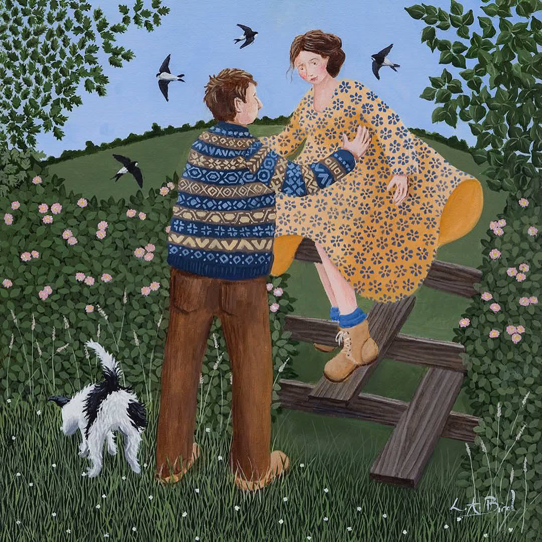 Painting of a couple on a grassy hill with birds flying and a small black-and-white dog