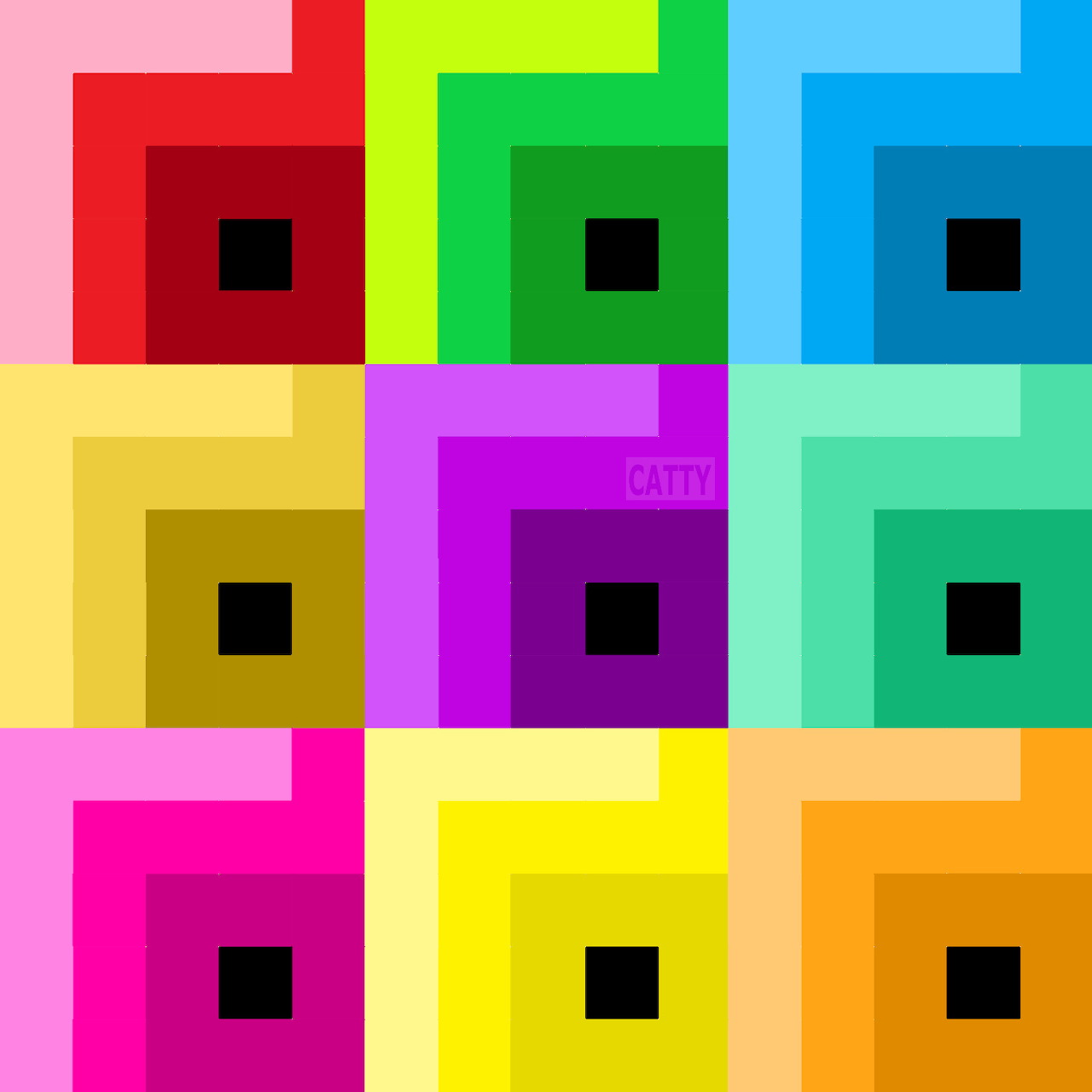 Grid of nine colorful concentric squares with black centers in red, green, blue, yellow, purple, teal, pink, and orange