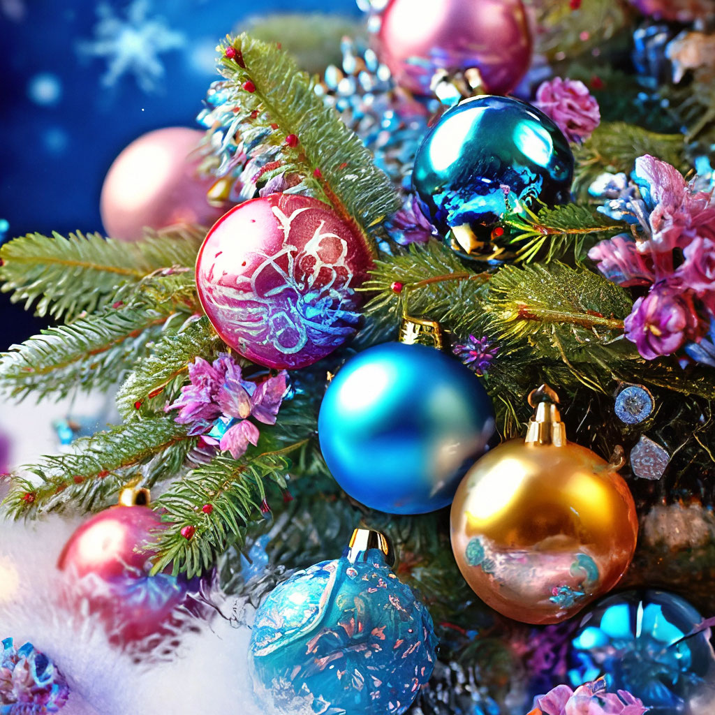 Festive Christmas tree with colorful baubles, pink flowers, and glittering decorations on evergreen branches