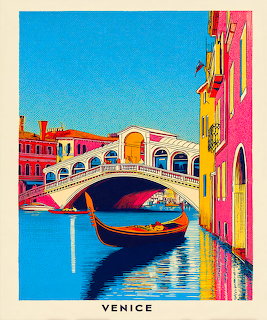 Colorful illustration of Venice Rialto Bridge with gondola on canal and bright buildings