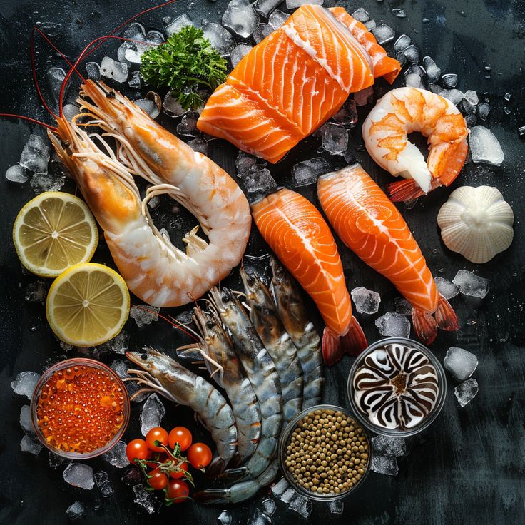 Fresh seafood display with salmon, shrimp, prawns and roe on ice with lemon slices