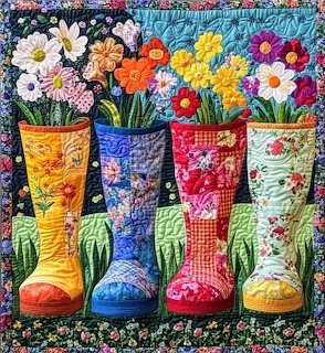 Colorful quilt showing four patterned rain boots filled with bright flowers on a blue quilted background