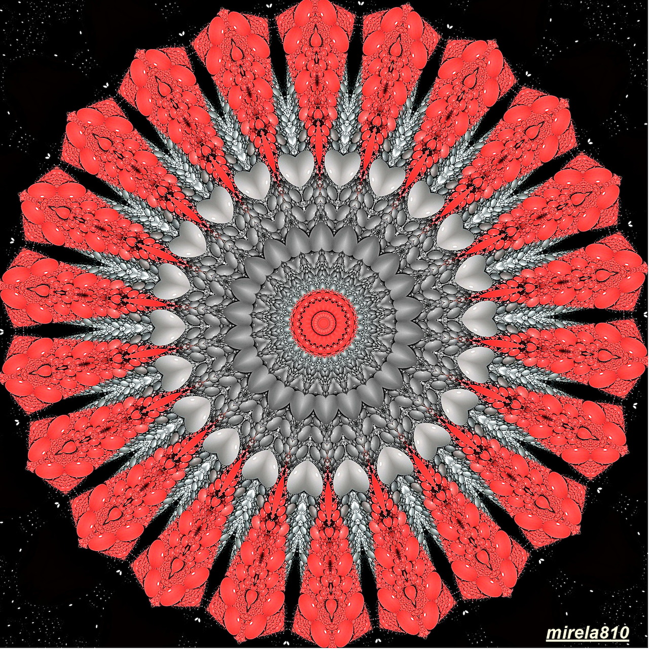 Symmetrical mandala with red petals and ornate gray center on black background with stars