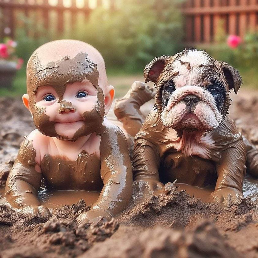 Baby and bulldog puppy sitting in mud together outdoors