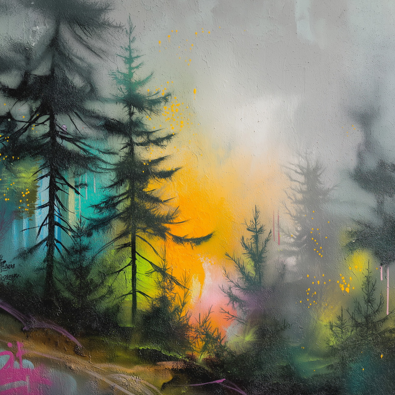 Painting of dark evergreen trees in colorful fog with yellow, pink and teal light