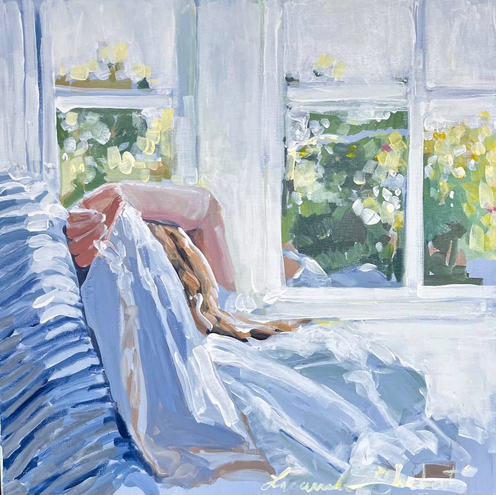 Watercolor painting of sunlit bedroom with striped blue linens and window view of garden