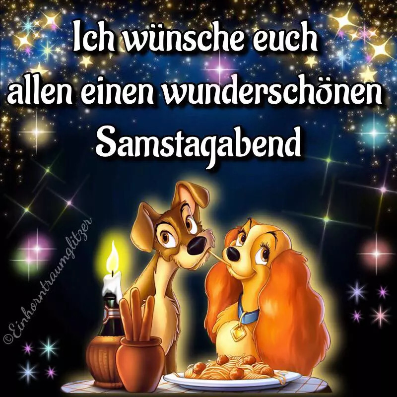 Two cartoon dogs eating spaghetti together at candlelit table under stars