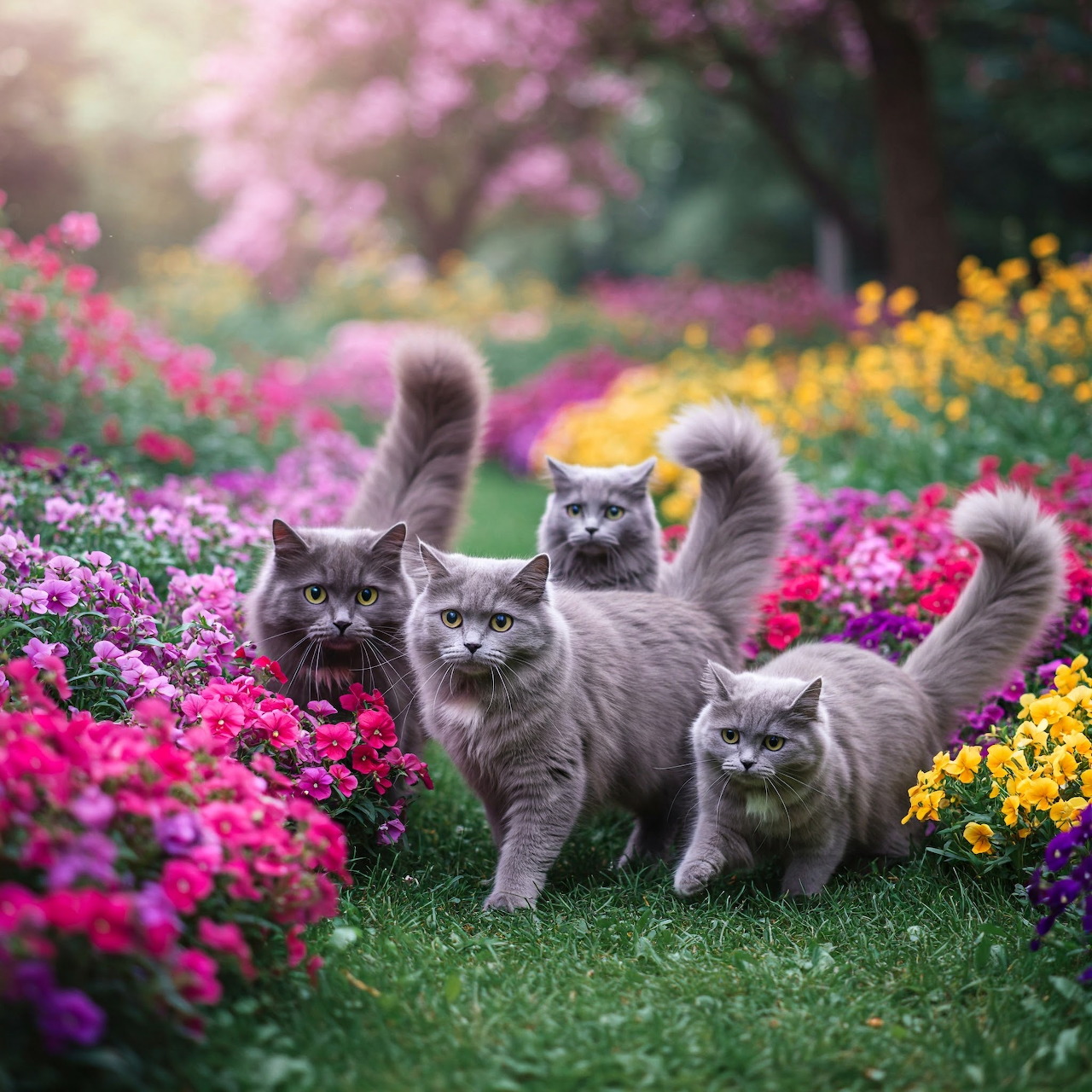Five gray Chartreux cats with fluffy tails sitting in a blooming flower garden with pink and yellow blossoms