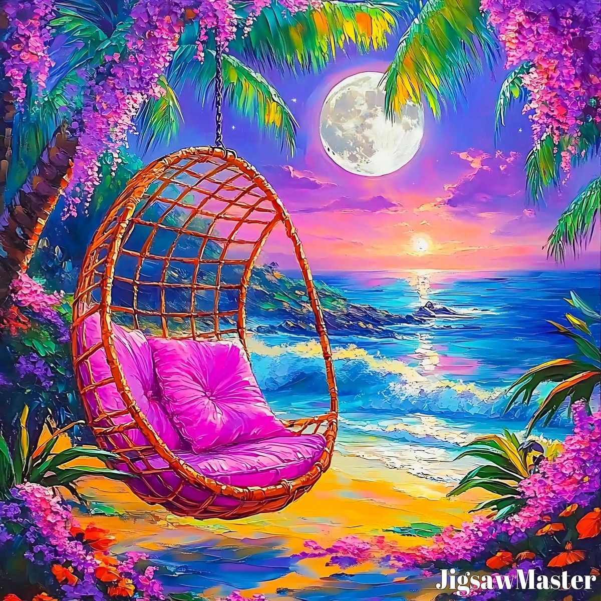 Colorful fantasy tropical beach with pink swing chair, purple sunset sky, full moon, and flowering vines