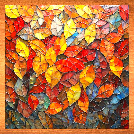 Mosaic of autumn leaves in stained glass style with orange, yellow, and blue colors
