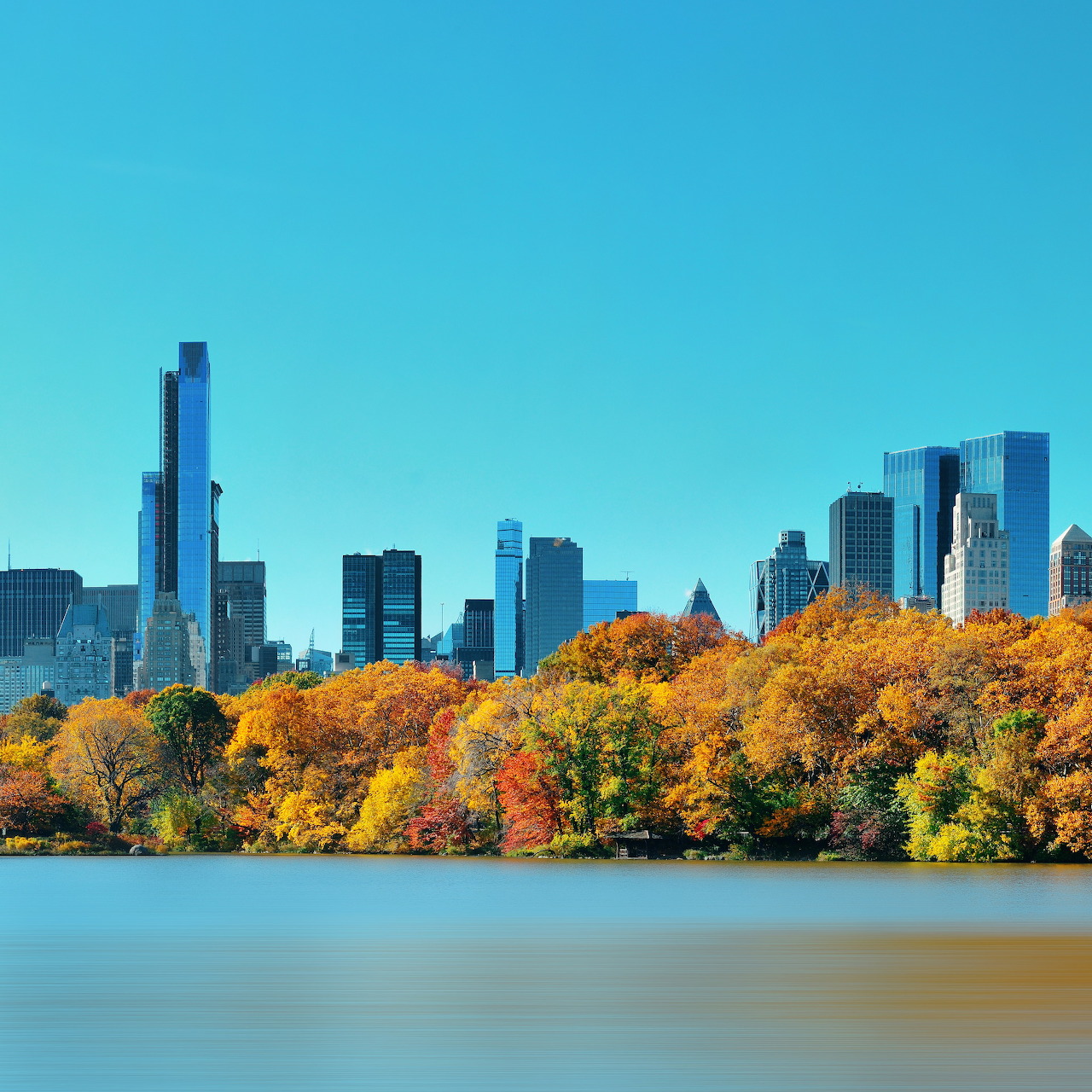 Central Park lake surrounded by golden autumn trees with Manhattan skyscrapers in background under blue sky