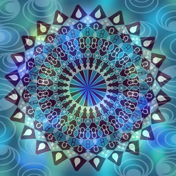 Circular mandala with geometric patterns radiating from center in blue and teal tones against swirling background
