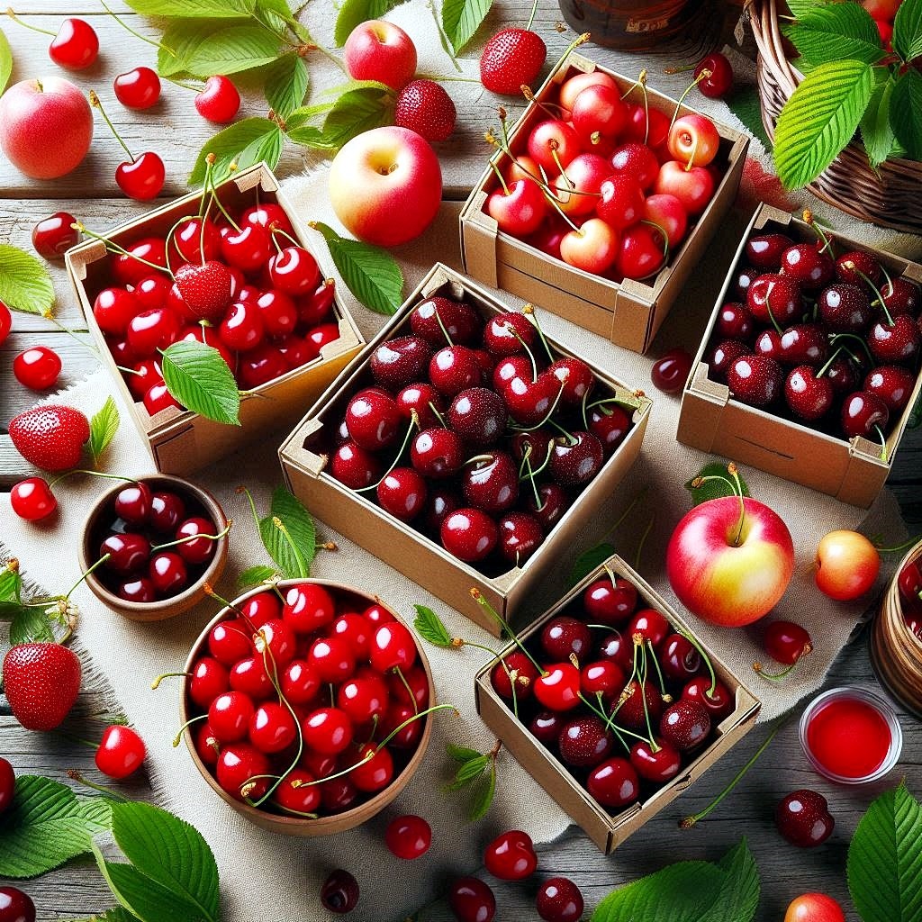 Top view of cherries, strawberries, and apples arranged in wooden boxes and bowls with green leaves