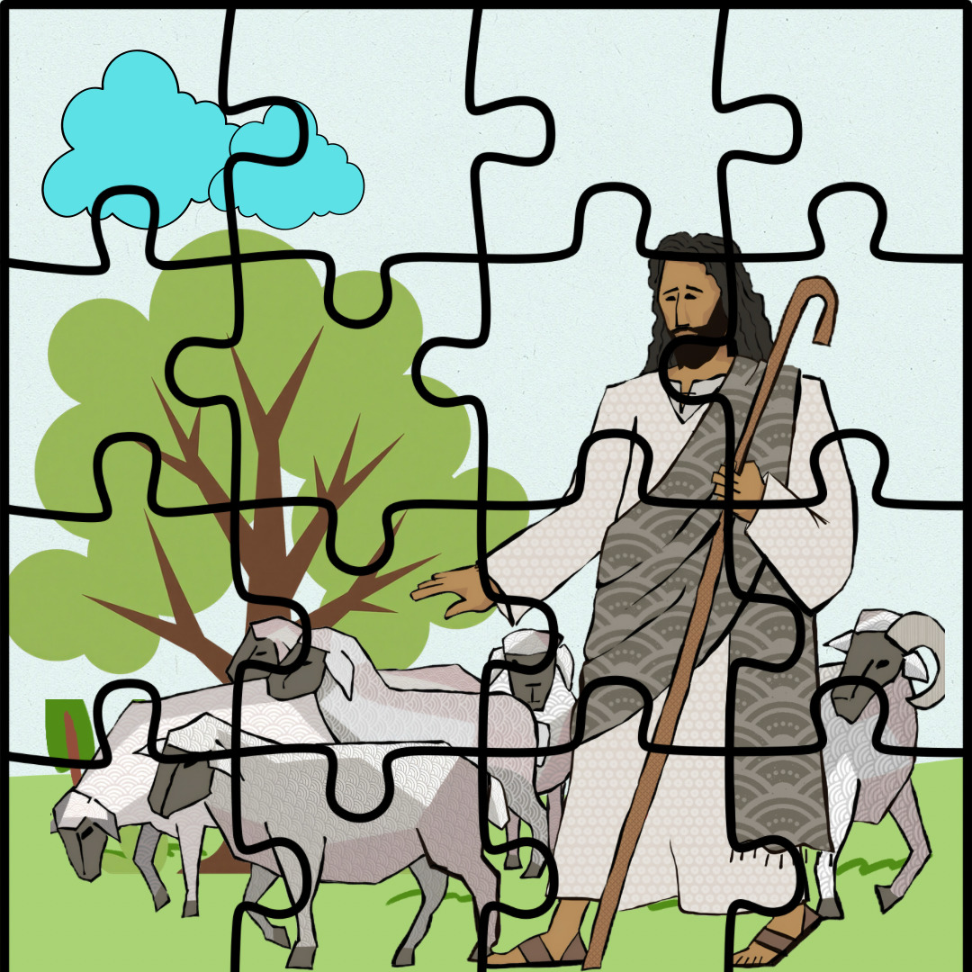 Cartoon illustration of Jesus holding a staff and standing among sheep beside a tree