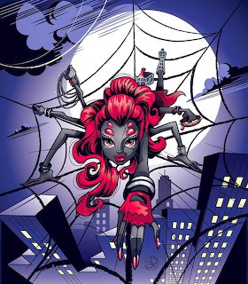 Cartoon spider girl with red hair and six arms on a web in front of a full moon and city buildings at night