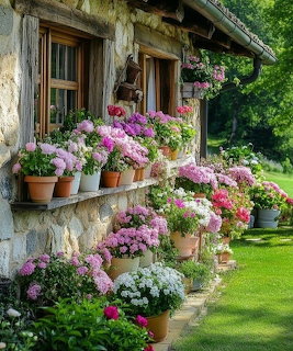 Potted flowers along a rustic stone cottage wall beside a green lawn