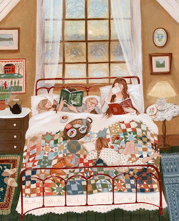 Illustration of a mother and children reading in bed under a colorful patchwork quilt in a cozy attic room