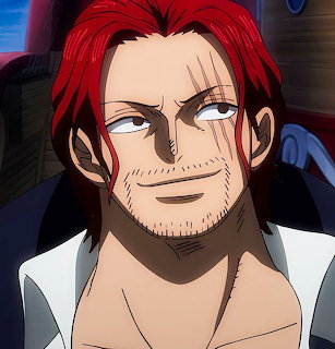 Close-up anime portrait of Shanks with red hair, a facial scar, and light stubble