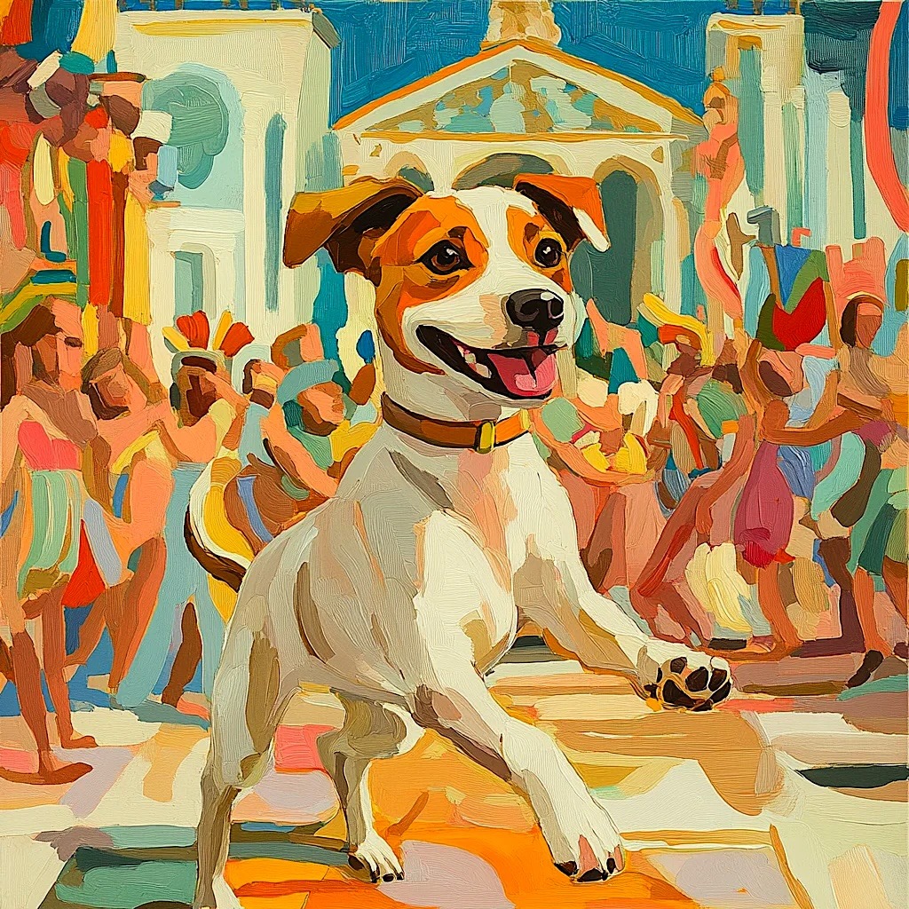 Painted terrier dog with orange and white fur standing in front of colorful crowd scene