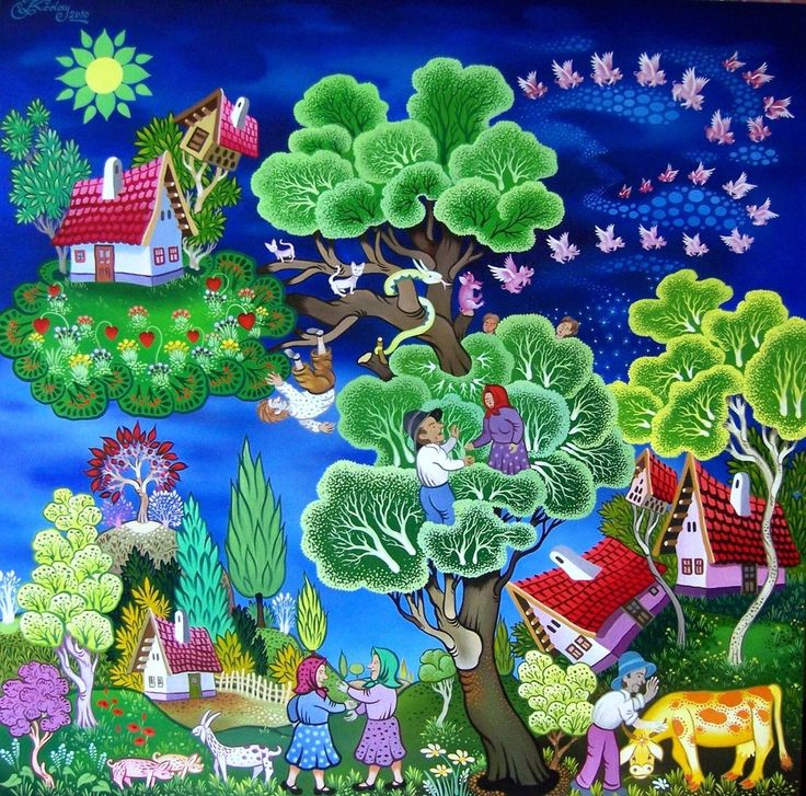 Colorful folk art village with houses, trees, animals and people in stylized landscape