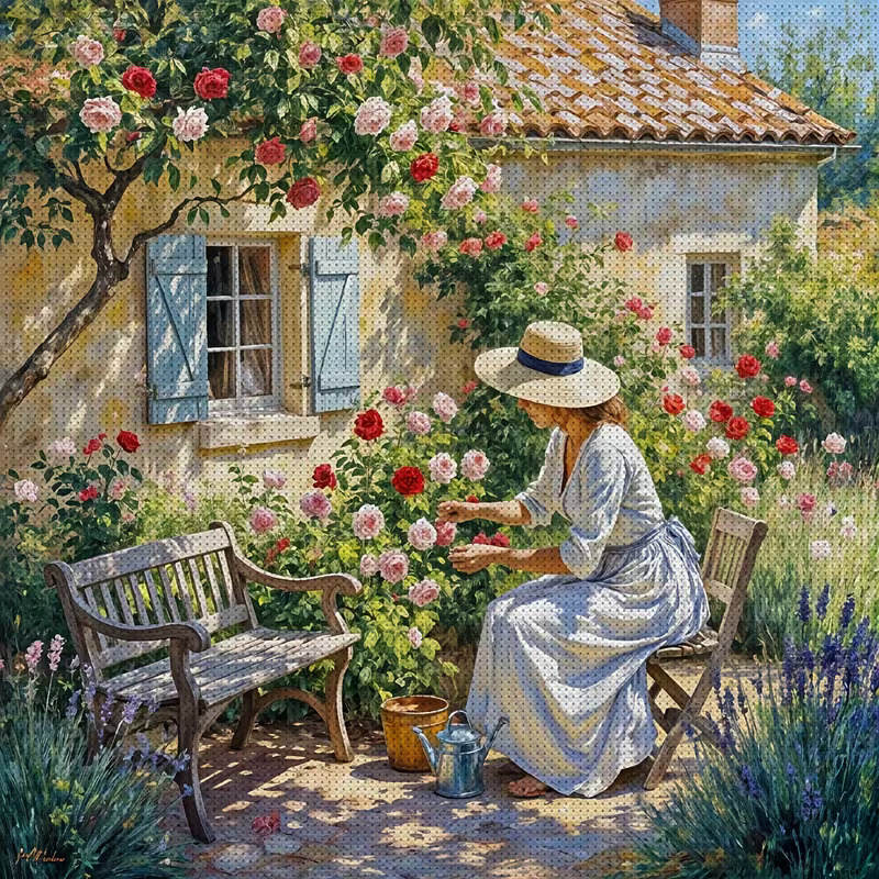 Woman in a sunlit cottage garden tending blooming roses beside a bench