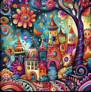 Colorful fantasy castle with ornate domes and flowers in whimsical folk art style