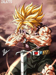 Dragon Ball Z illustration of Super Saiyan Trunks with golden hair holding a sword in fighting stance