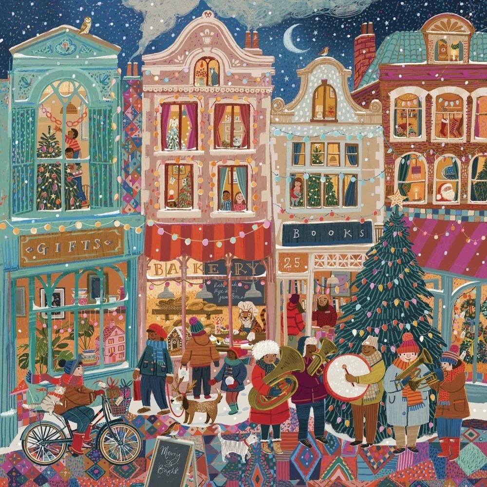 Colorful winter street illustration with festive houses, Christmas tree, and musicians in falling snow