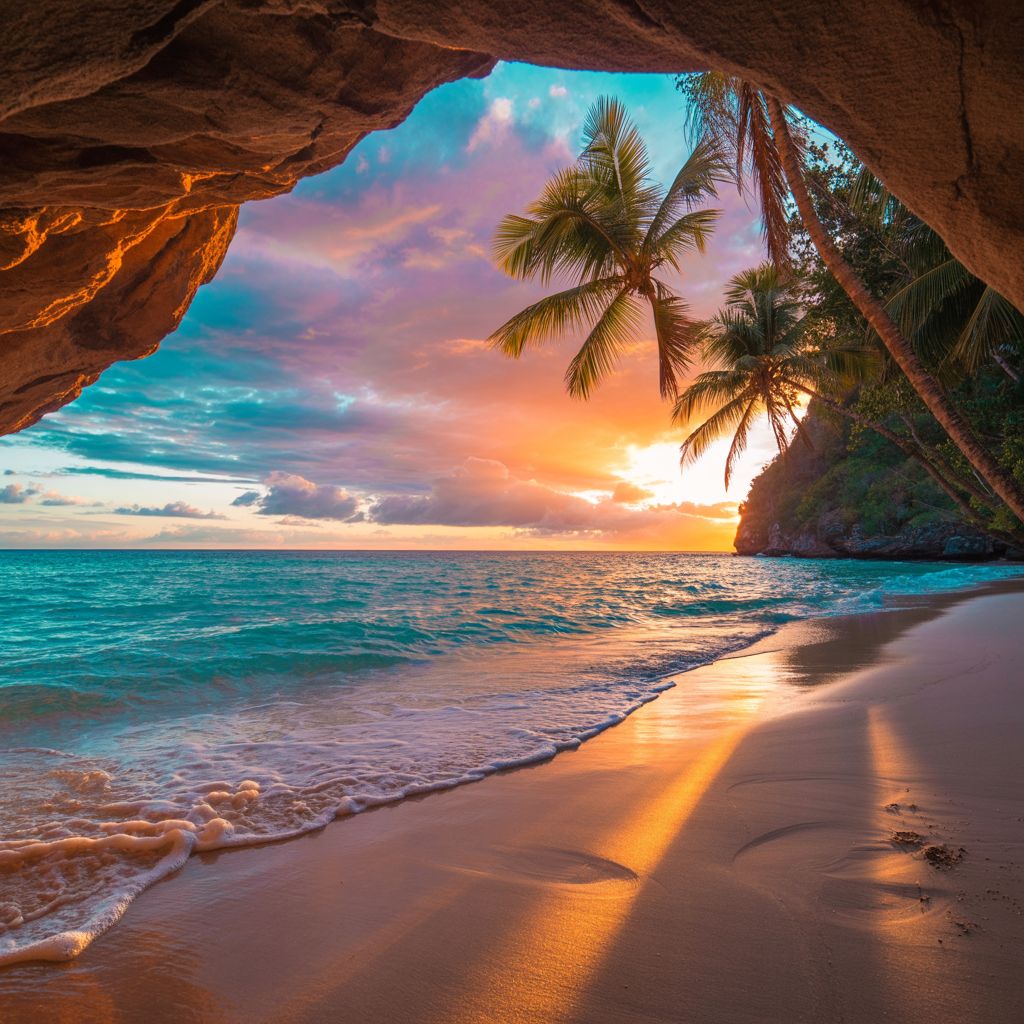 Tropical beach at sunset with palm trees, turquoise ocean, sandy shore, and a rocky cave overhead