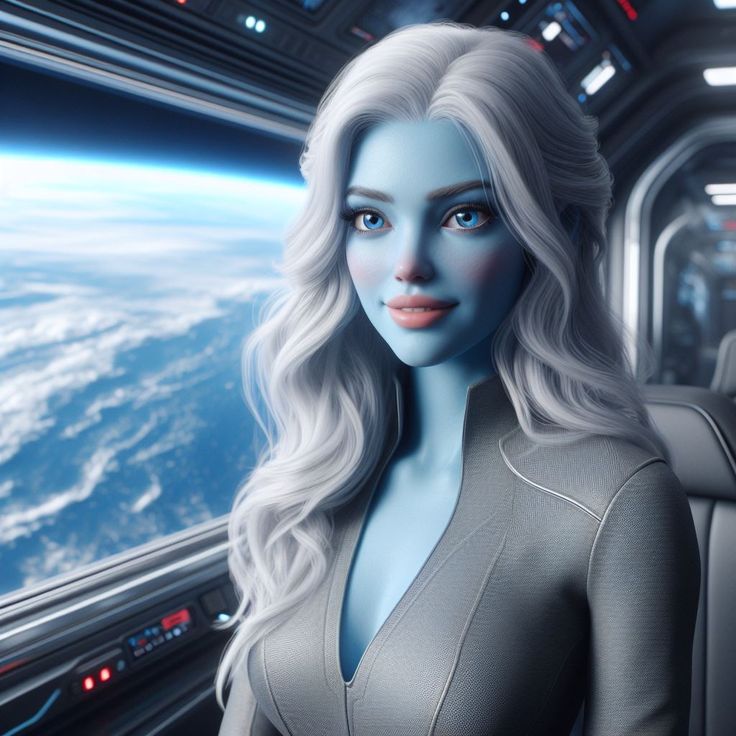 Blue-skinned alien woman with white hair in spaceship cockpit with Earth view