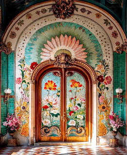 Ornate wooden double door with colorful painted flowers under decorative arched entrance with checkered floor