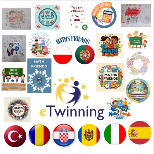 Collage of Math Friends logos, educational badges, eTwinning symbol, and several country flags
