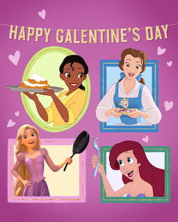 Four Disney princesses in decorative frames with Happy Galentine's Day text and hearts on purple background