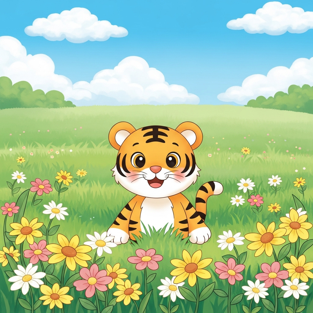 Cartoon tiger cub sitting in a meadow filled with yellow, pink, and white flowers under a blue sky