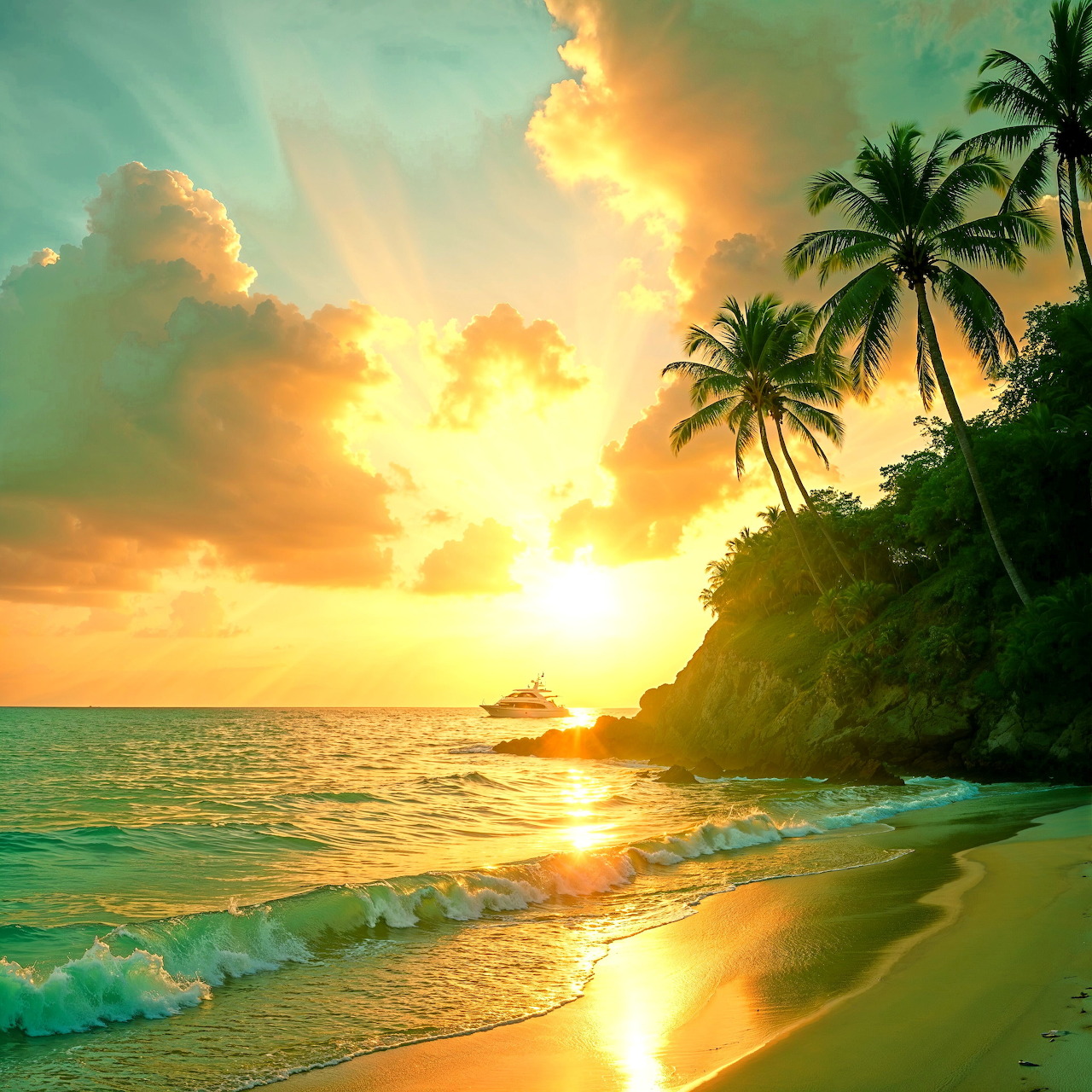Tropical beach sunset with palm trees, golden sun rays, turquoise ocean waves, and orange clouds over sandy shore