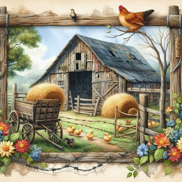 Rustic barn scene with hay bales, chickens, wooden cart, and colorful flowers in wooden frame