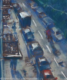 Impressionist painting of rainy city street viewed from above with cars and people on wet pavement