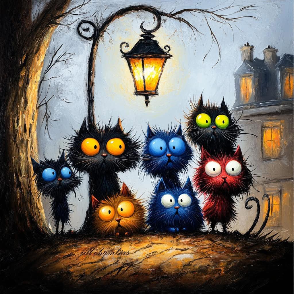 Group of fuzzy black cats with bright eyes sitting under a glowing street lamp at night
