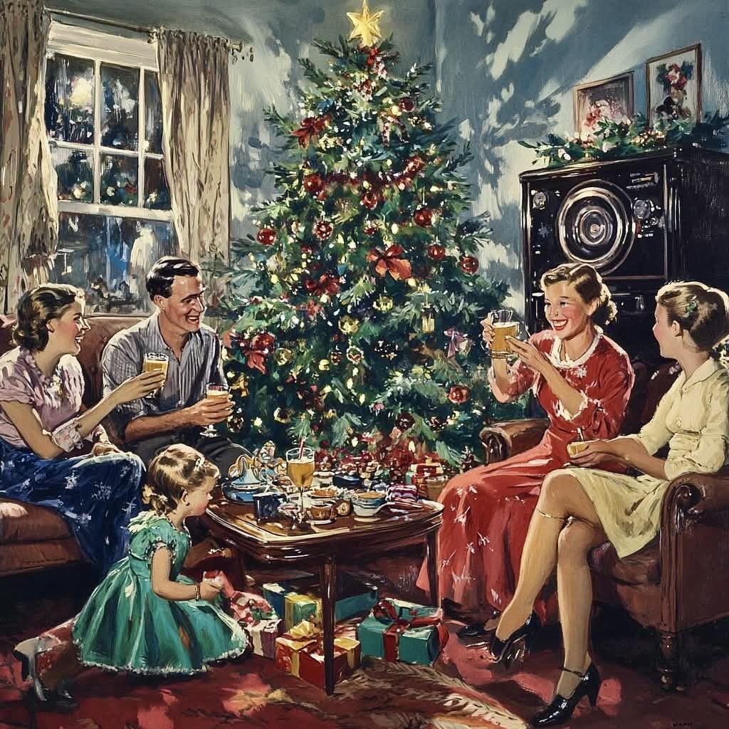 Vintage painting of a family in a living room around a decorated Christmas tree with presents