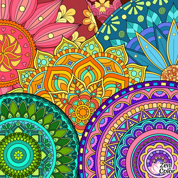 Collage of colorful mandala patterns with intricate geometric designs in rainbow colors