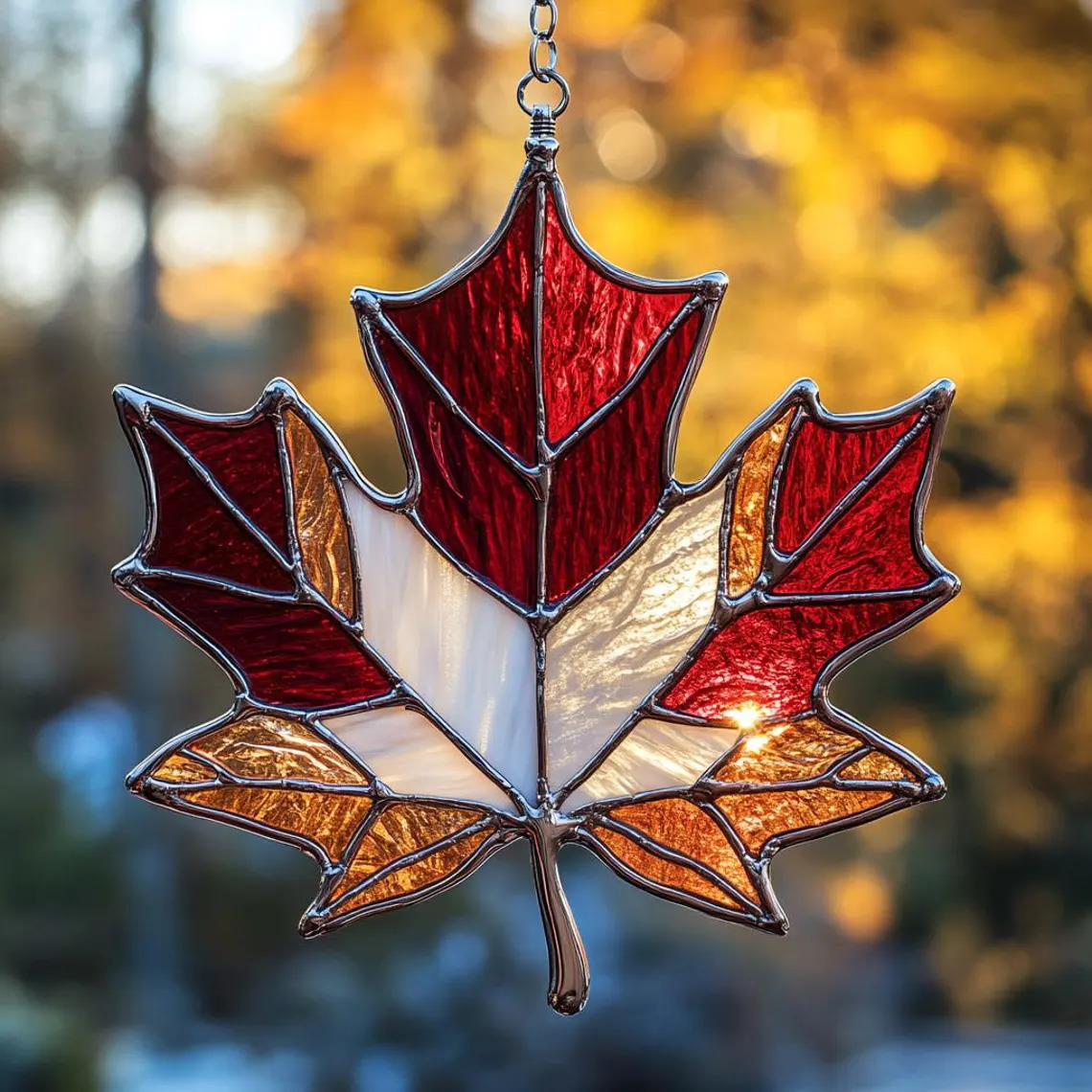 Stained glass maple leaf suncatcher hanging in front of a blurred autumn scene