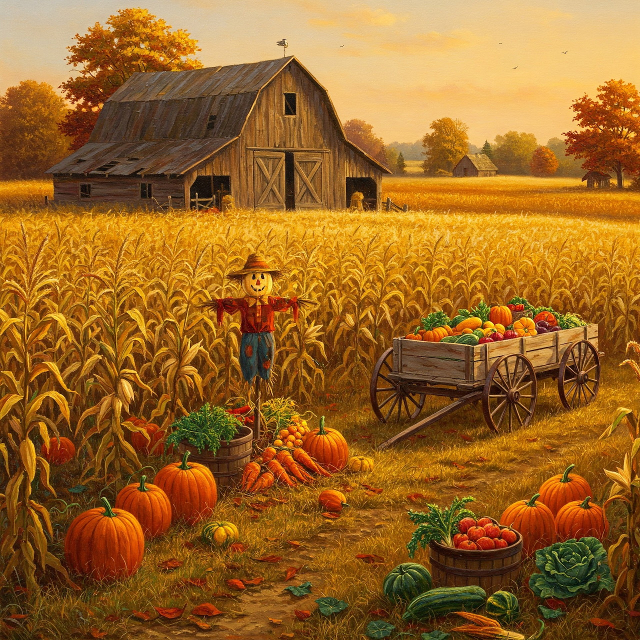Weathered barn in autumn cornfield with pumpkins, scarecrow, and harvest vegetables at golden hour