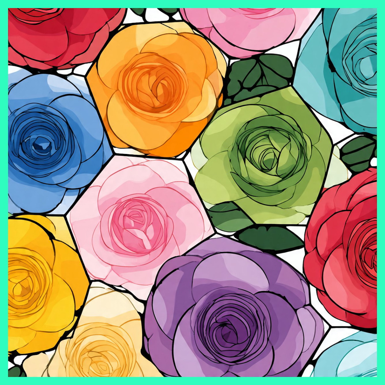 Colorful illustrated roses in rainbow colors with bold black outlines overlapping on white background