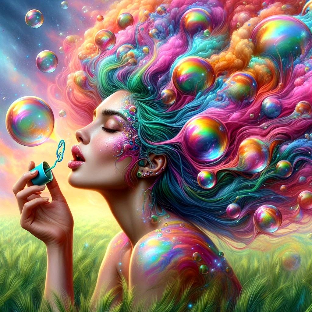 Colorful fantasy woman blowing bubbles with flowing rainbow hair and iridescent bubbles