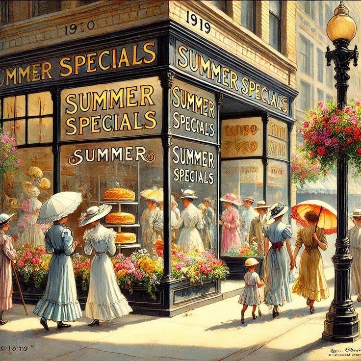 Vintage street scene painting showing women in period dress walking past a shop with Summer Specials signage