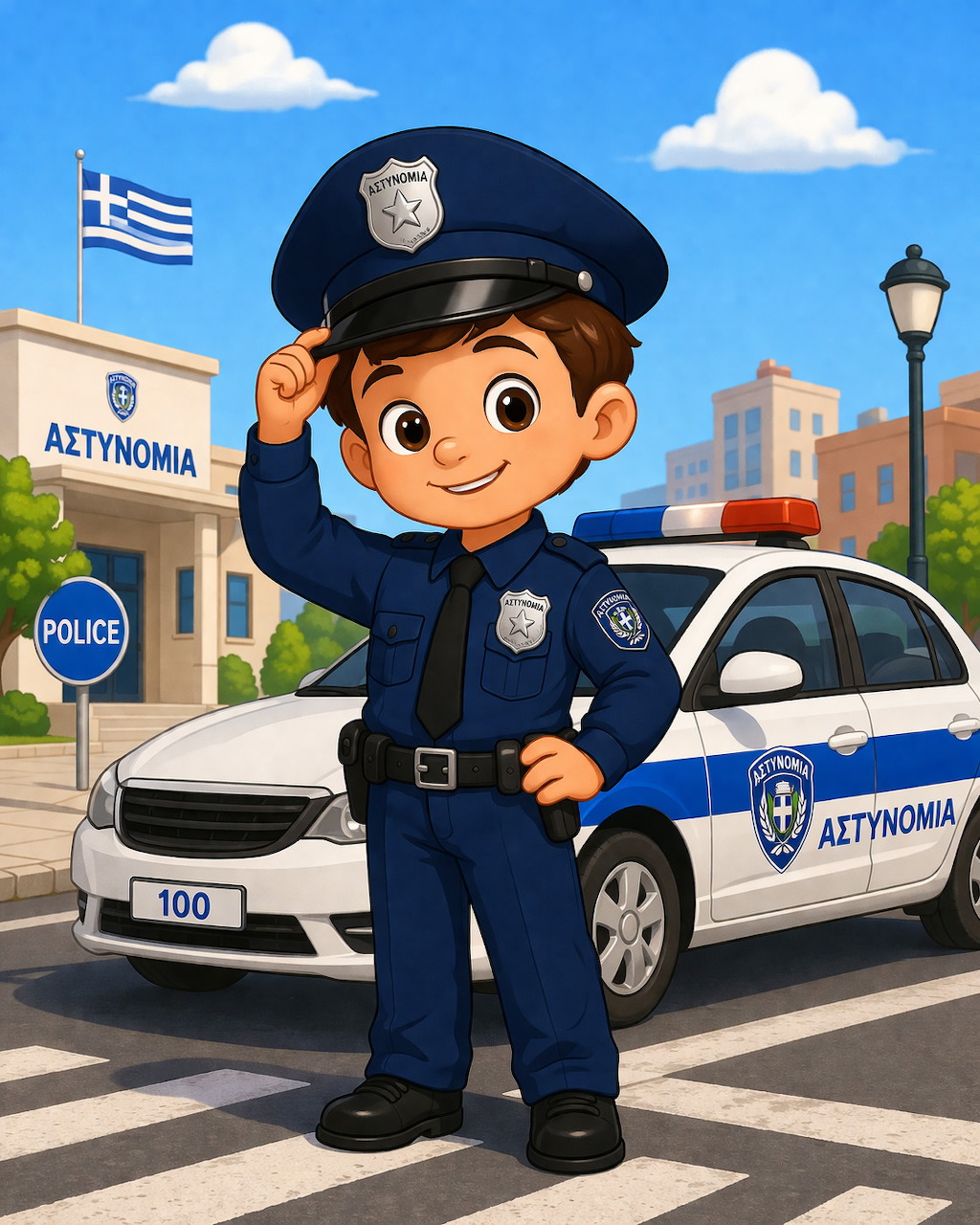 Cartoon police officer child standing by a police car in front of a police station